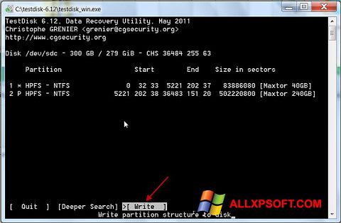 Screenshot TestDisk Windows XP