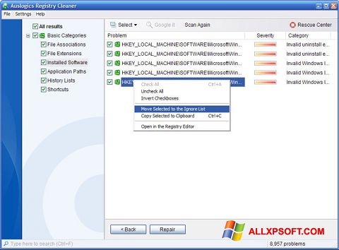 Screenshot Auslogics Registry Cleaner Windows XP